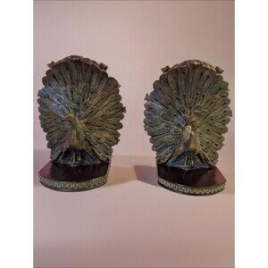 Vintage Resin Peacock Bookends Bronze Turquoise 8"H 6.5"W Dark Academia